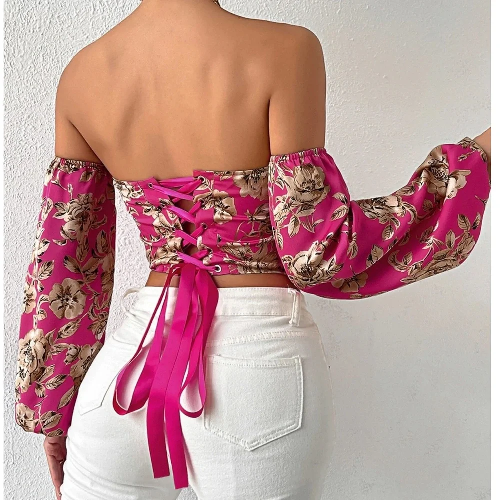 Boho Floral Print Lace up Off Shoulder Corset Top - Picture 14 of 15